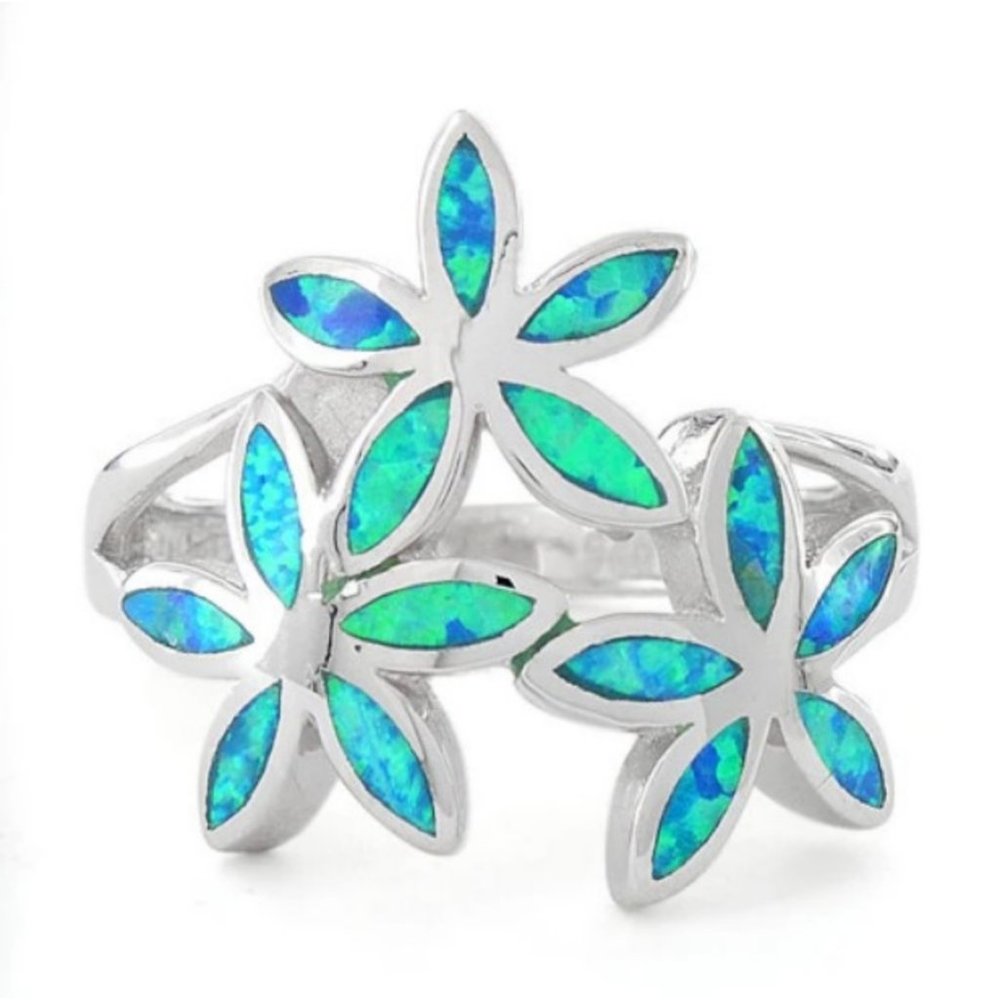 925 STERLING SILVER Lab Created Blue Fire Opal Hawaiian Plumeria Ring - Picture 13 of 16